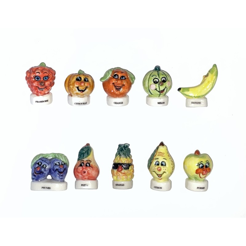 Série complète de 10 fèves Rigolos les fruités 2002