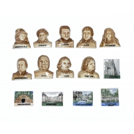 Complete set of 14 feves Célébrités et Monuments des Deux-Sèvres brun