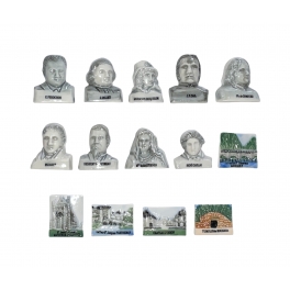 Série complète de 14 fèves Célébrités et Monuments des Deux-Sèvres gris