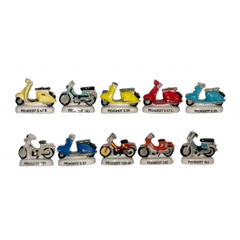 Complete set of 10 feves Mobylettes et scooters Peugeot