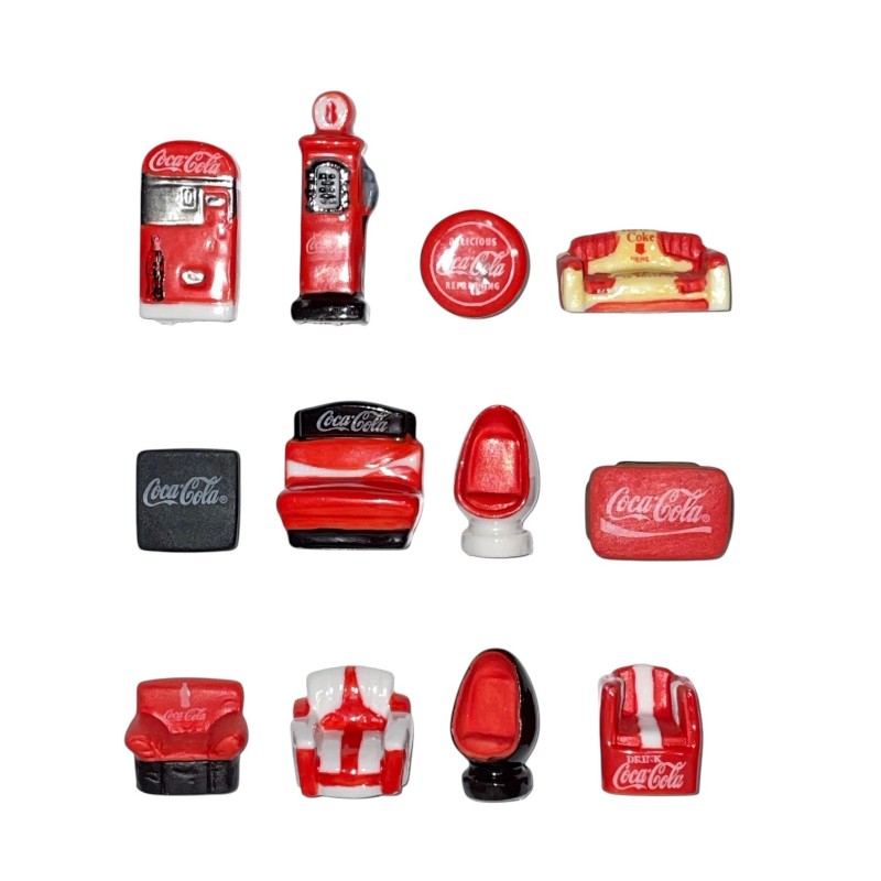 Série complète de 12 fèves Coca Cola mobilier vintage